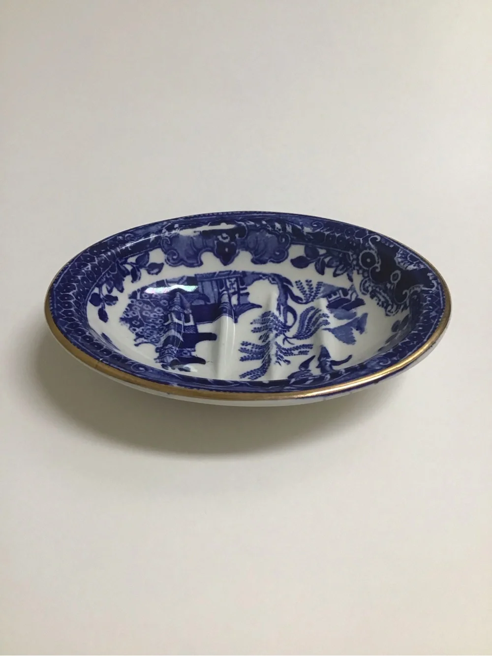 Blue Willow Antique 1920's England Burleigh Ware Oval Soap Dish Ridges Gold Rim